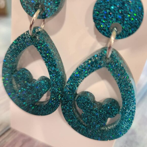 Mouse Resin Earrings - Teal Micro Glitter - Picture 3 of 6